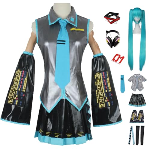 bi bi hou Miku Cosplay Kostüm Set mit Perücke Kopfhörer H'atsune Miku Verkleidung Anime Miku Uniform Lackleder Weihnachten Halloween Karneval Party Bühnenauftritt Kostüm Erwachsene XXS-3XL von bi bi hou