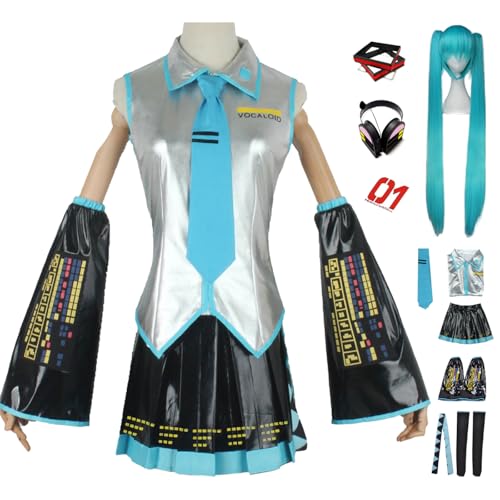 bi bi hou Miku Cosplay Kostüm Set mit Perücke Kopfhörer H'atsune Miku Verkleidung Anime Miku Uniform Lackleder Weihnachten Halloween Karneval Party Bühnenauftritt Kostüm Erwachsene XXS-3XL von bi bi hou