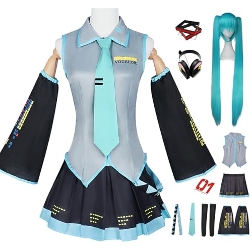 bi bi hou Miku Cosplay Kostüm Set mit Perücke Kopfhörer H'atsune Miku Verkleidung Anime Miku Uniform Weihnachten Halloween Karneval Party Bühnenauftritt Kostüm Erwachsene XXS-3XL von bi bi hou