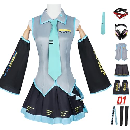 bi bi hou Miku Cosplay Kostüm Set mit Perücke Kopfhörer H'atsune Miku Verkleidung Anime Miku Uniform Weihnachten Halloween Karneval Party Bühnenauftritt Kostüm Erwachsene XXS-3XL von bi bi hou