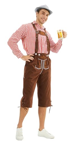 bi bi hou Oktoberfest Herren Outfit Trachten Set 3 Teilig Trachtenhemd Trachtenhose Hut Bayerisches Kostüm Halloween Karneval Volksfest Party Bühnenauftritt Bayern Kostüm von bi bi hou