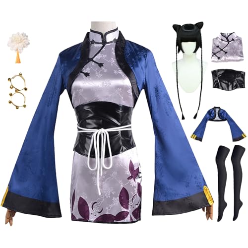 bi bi hou Ran Mao Cosplay Kostüm Set mit Perücke Anime Kuroshitsuji Verkleidung Ran Mao Uniform Cheongsam Qipao Kleid Weihnachten Halloween Karneval Party Bühnenauftritt Kostüm von bi bi hou