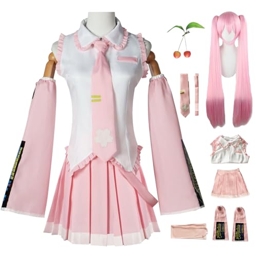 bi bi hou Sakura Miku Cosplay Kostüm Set mit Perücke Anime H'atsune Miku Verkleidung Rosa Uniform Weihnachten Halloween Karneval Party Bühnenauftritt Kostüm Erwachsene von bi bi hou