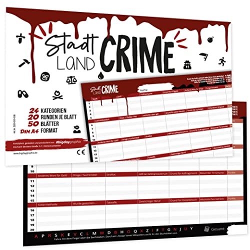 bigdaygraphix Stadt Land Crime I DIE ORIGINAL Crime-Version I 50 Blatt A4 mit 24 Kategorien I Skurriler Spielespaß von bigdaygraphix