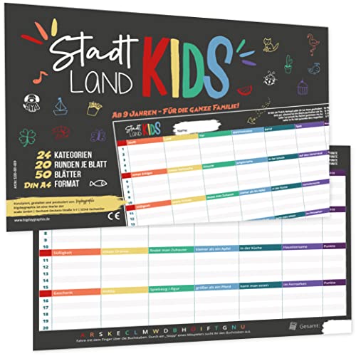 bigdaygraphix Stadt Land Kids I DIE ORIGINAL Stadt Land Fluss Kinder-Edition für die Familie I 50 Blatt A4 I XXL Familienspiel auf Reisen I im Urlaub von bigdaygraphix