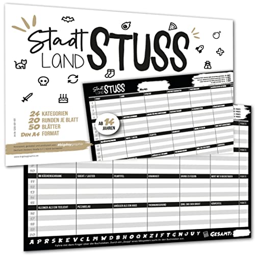 bigdaygraphix Stadt Land Fluss I Der lustige ORIGINAL Spieleklassiker als Humor-Edition für die Familie I 50 Blatt A4 I XXL Spielspaß auf Reisen I im Urlaub von bigdaygraphix