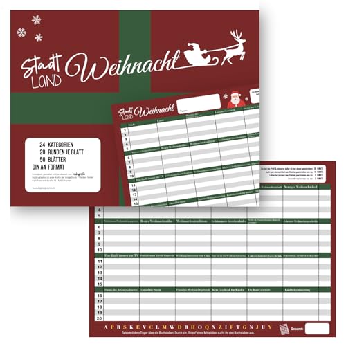 bigdaygraphix Stadt Land Weihnachten DIE ORIGINAL Stadt Land Fluss Weihnachts-Edition für die Familie I 50 Blatt A4 I XXL Familienspiel unterm Baum I am Adventstisch von bigdaygraphix