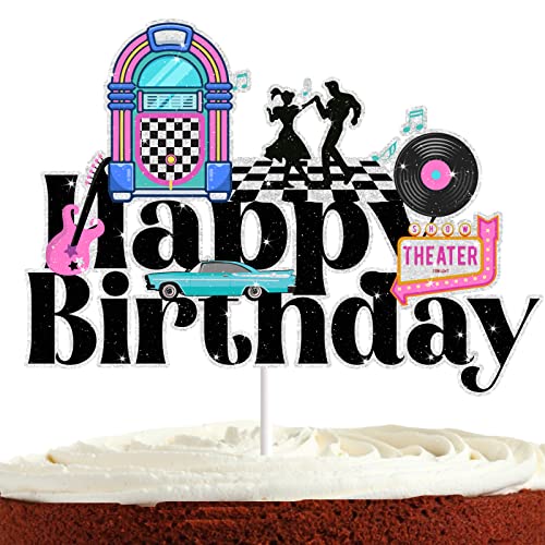 50er Jahre Disco Happy Birthday Kuchenaufsatz für Kinder Erwachsene Jukebox 1950er Jahre Diner Soda Shoppe Rock and Roll Sock Hop Party Supplies Retro Auto Fett Kuchen Dekorationen von Bijeoda