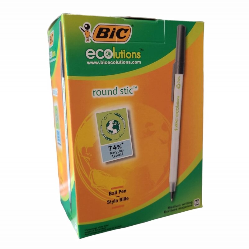 60er Pack BIC Kugelschreiber ECOlutions Round Stic, in Schwarz, Strichstärke 0,4 mm, 8932392