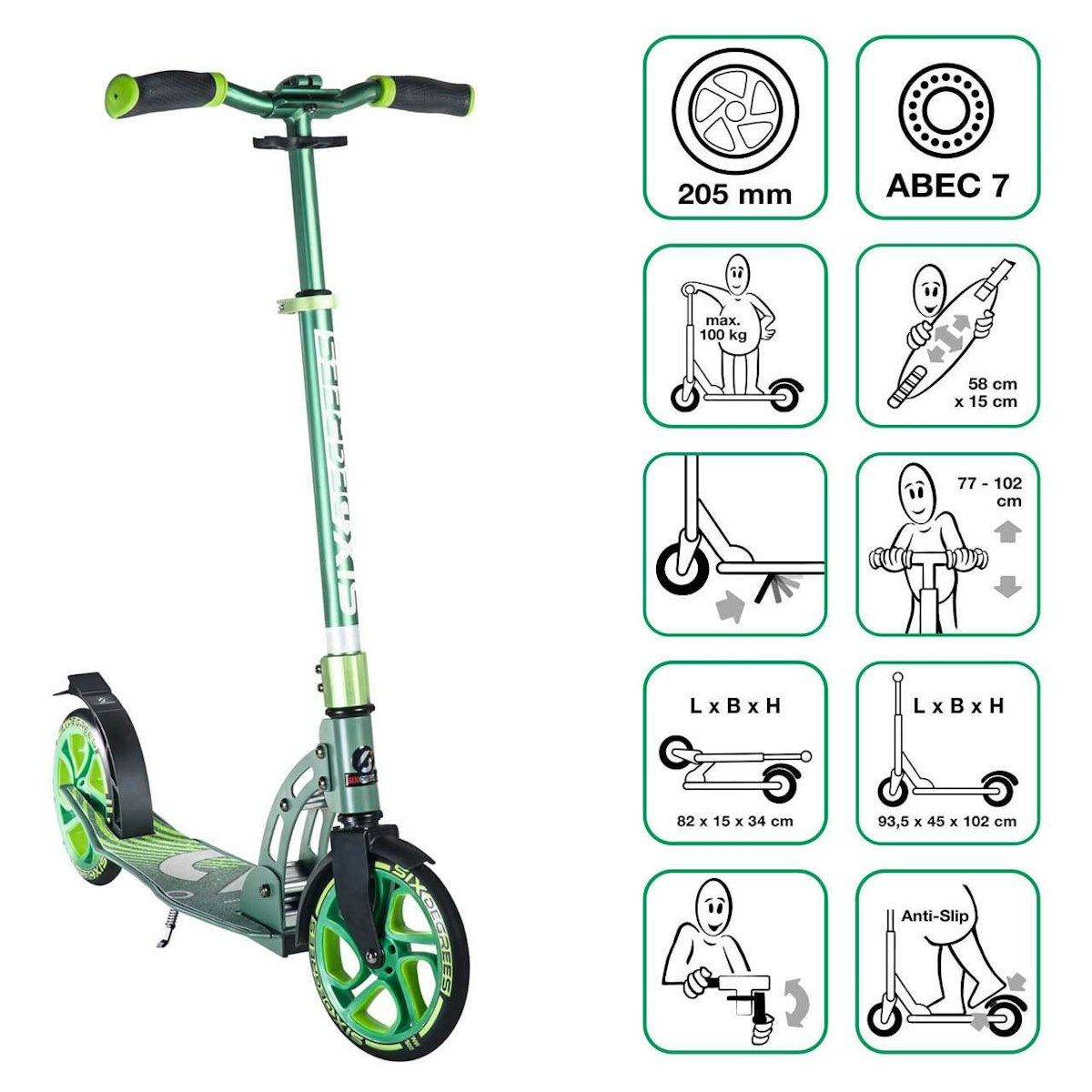 Alu Scooter ab 6 Jahre 35-100kg 205mm-Rädern grün Alu Scooter ab 6 Jahre 35-100kg 205mm-Rädern grün
