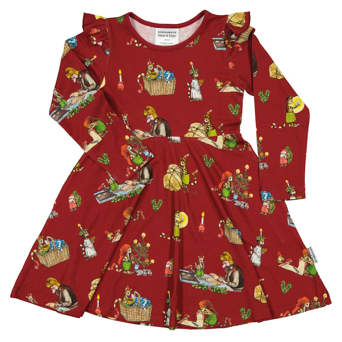 Bambus Kleid dunkelrot mit Peterson & Findus Print 110/116 Bambus Kleid dunkelrot mit Peterson & Findus Print 110/116