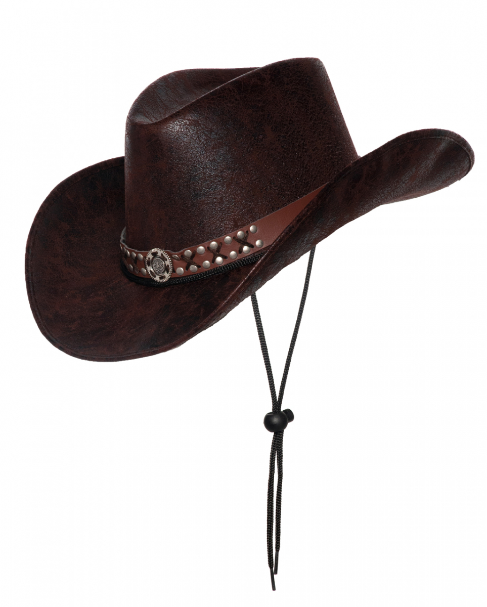 Brauner Cowboyhut mit Nieten-Hutband & Kordel Brauner Cowboyhut mit Nieten-Hutband & Kordel