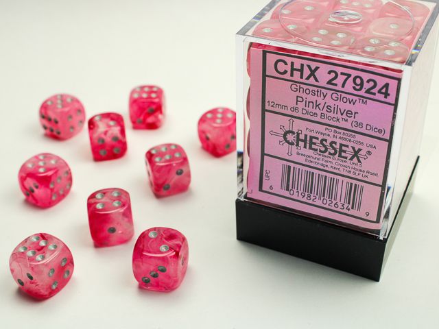 Chessex Ghostly Glow Pink/Silver 12x W6 16mm Dice Set