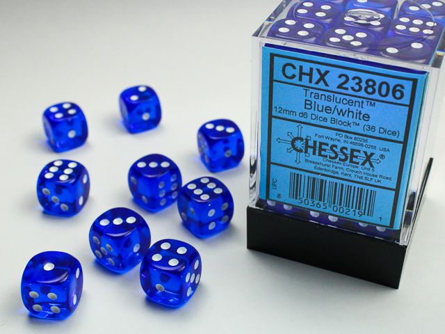 Chessex Translucent Blue/White 36x W6 12mm Dice Set 36 blaue klare Würfel Dice