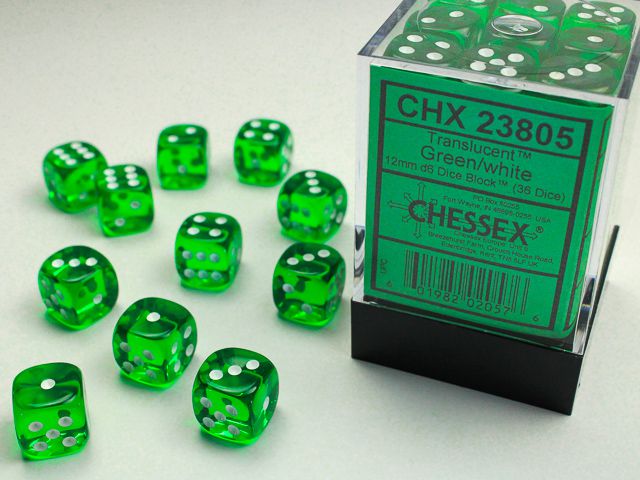 Chessex Translucent Green/White 36x W6 12mm Dice Set 36 grüne klare Würfel Dice