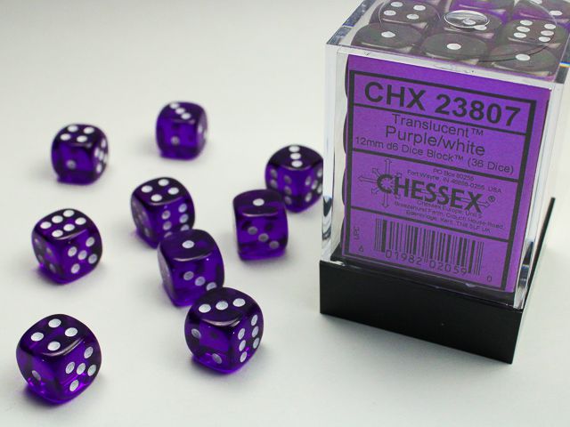 Chessex Translucent Purple/White 36x W6 12mm Dice Set 36 lila klare Würfel