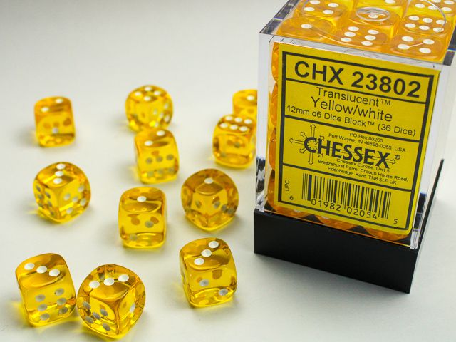 Chessex Translucent Yellow/White 36x W6 12mm Dice Set 36 gelbe klare Würfel Dice