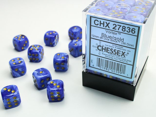 Chessex Vortex Blue/Gold 36x W6 12mm Dice Set 36 Würfel