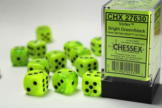 Chessex Vortex Bright Green/Black 12x W6 16mm Dice Set 12 Würfel Chessex Vortex Bright Green/Black 12x W6 16mm Dice Set 12 Würfel