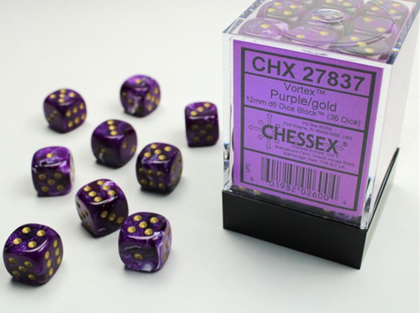 Chessex Vortex Purple/Gold 36x W6 12mm Dice Set 36 Würfel