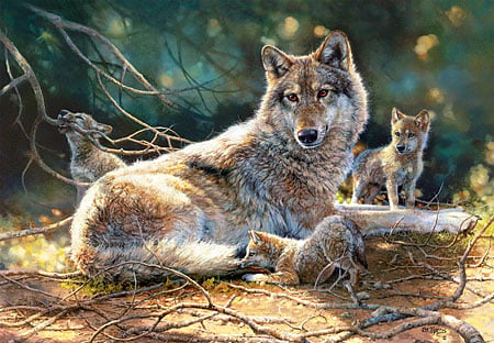 Die Wolfsmutter mit ihren Kleinen Die Wolfsmutter mit ihren Kleinen
