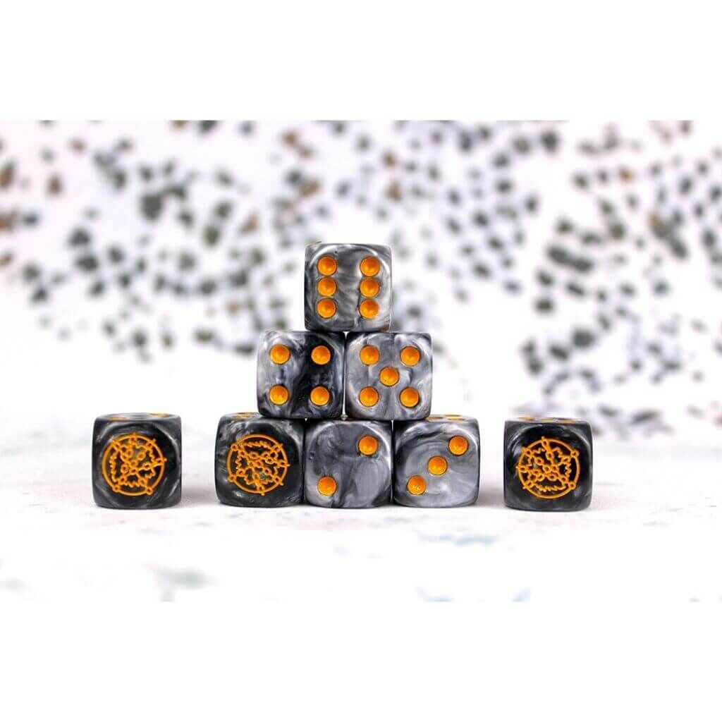 Dweghom Faction Dice on Gray swirl Dice Dweghom Faction Dice on Gray swirl Dice