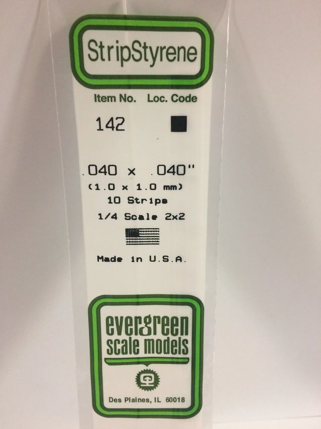 Evergreen 142 Plasticcart Strip 1,0x1,0x350mm (10) Polystyrene Vierkantprofile