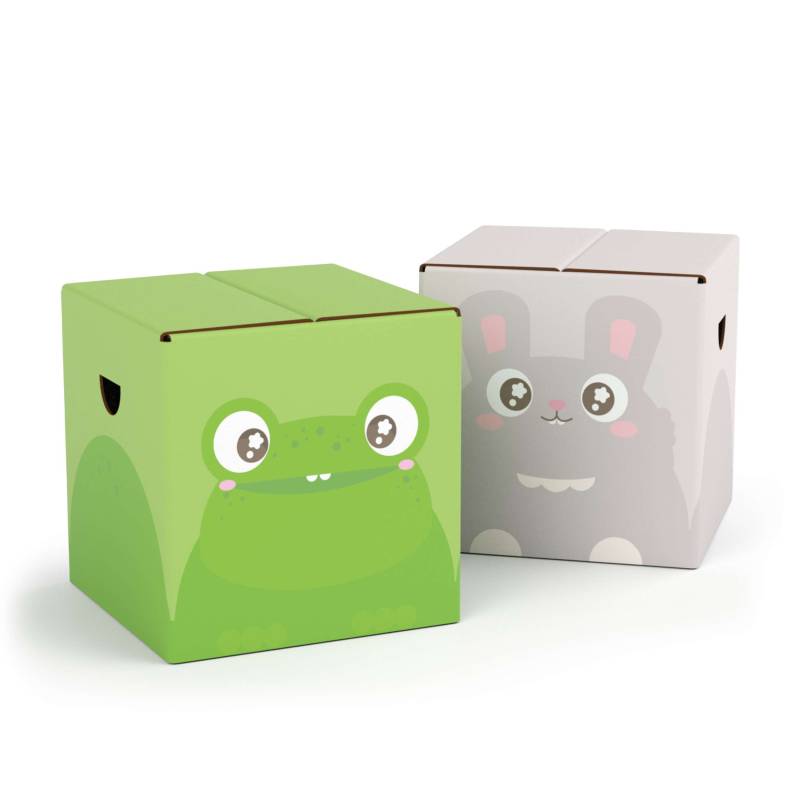 FOLDZILLA 2-teiliges Kinderhocker Set Pappe Happy Frosch & Hase