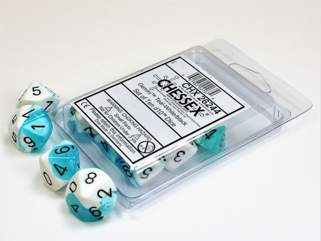 Gemini Teal White/Black 10x W10 Dice Set Würfel Dices D10