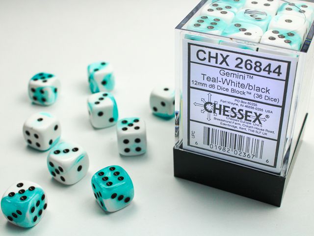 Gemini Teal White/Black 36x 12mm W6 Dice Set Würfel Dices W6 D6 Dices