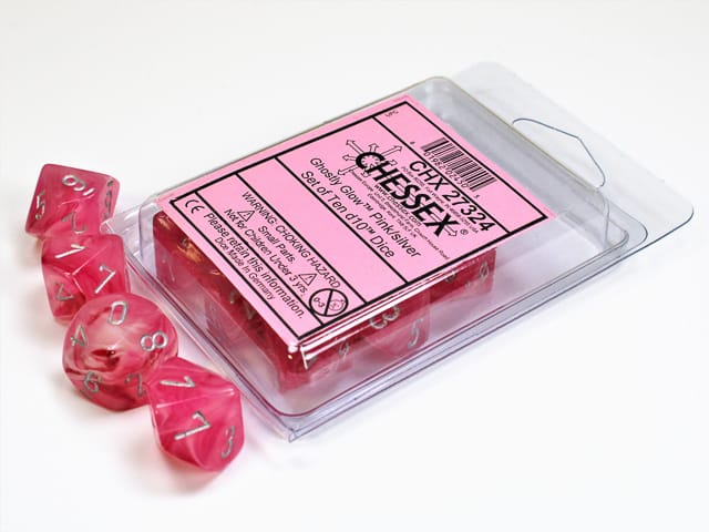 Ghostly Glow Pink/Silver 10x W10 Dice Set D10 Würfel Dices