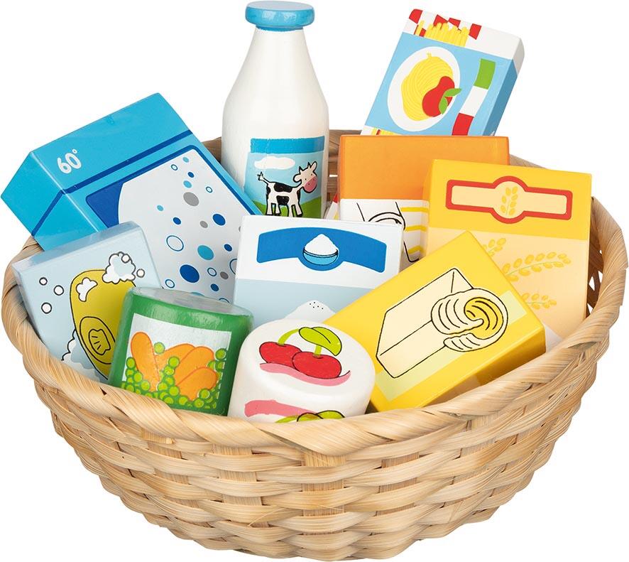 Goki - GOKI Kaufladen Miniaturen Lebensmittel und Haushaltswaren im Korb Goki - GOKI Kaufladen Miniaturen Lebensmittel und Haushaltswaren im Korb