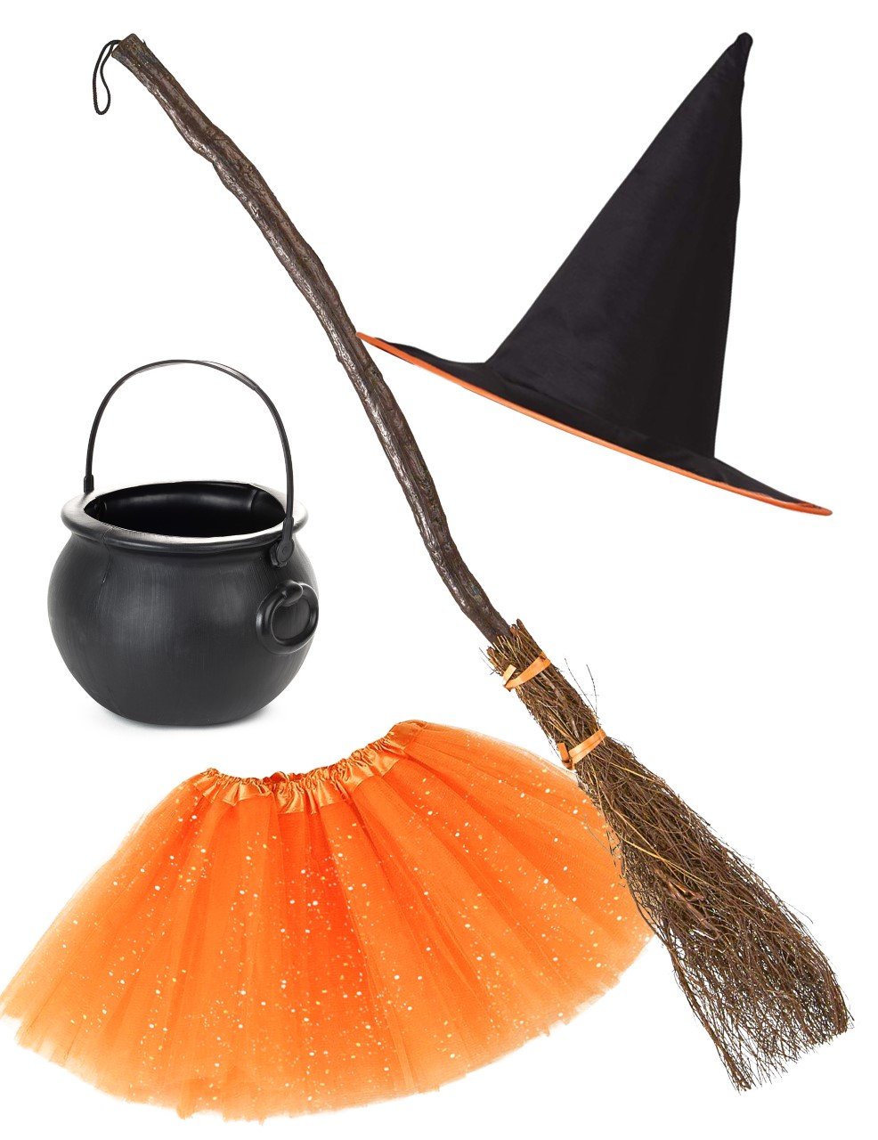 Hexen-Kostüm Set für Kinder Halloween 4er Set schwarz orange Hexen-Kostüm Set für Kinder Halloween 4er Set schwarz orange