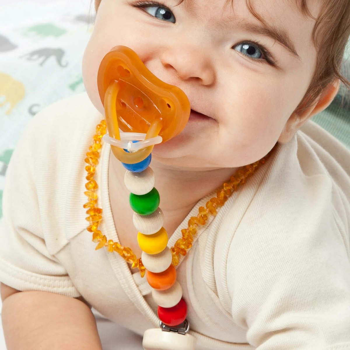 Holz-Schnullerkette Silikonring Regenbogen Holz-Schnullerkette Silikonring Regenbogen