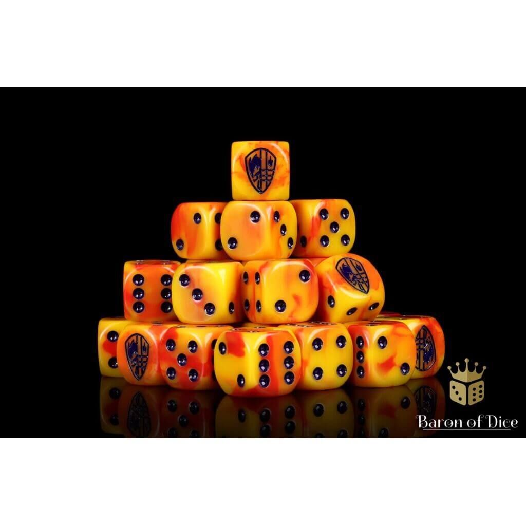 Hundred Kingdom Faction Dice on Red swirl Dice