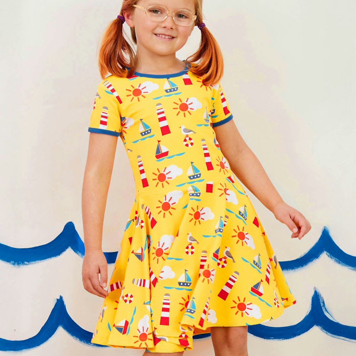 Kurzarm Skaterkleid maritimer Alloverprint gelb 92 Kurzarm Skaterkleid maritimer Alloverprint gelb 92
