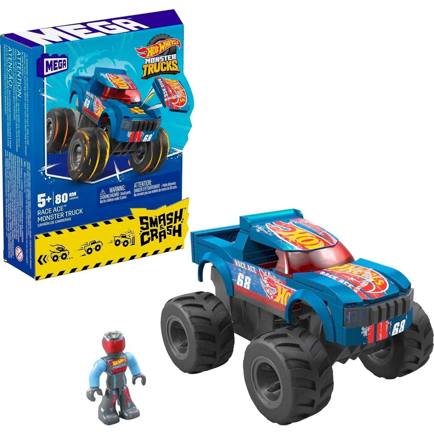 Mattel - HMM49 - Hot Wheels - Monster Trucks - Mega - Smash & Crash - Bauset, 80 Teile, Race Ace Monster Truck