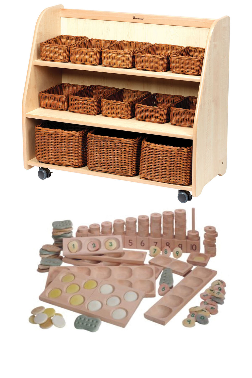 Mobiles Stufenregal mit Spiegelrückwand, Körben und PT1146 Kleinteile-Set Mobiles Stufenregal mit Spiegelrückwand, Körben und PT1146 Kleinteile-Set