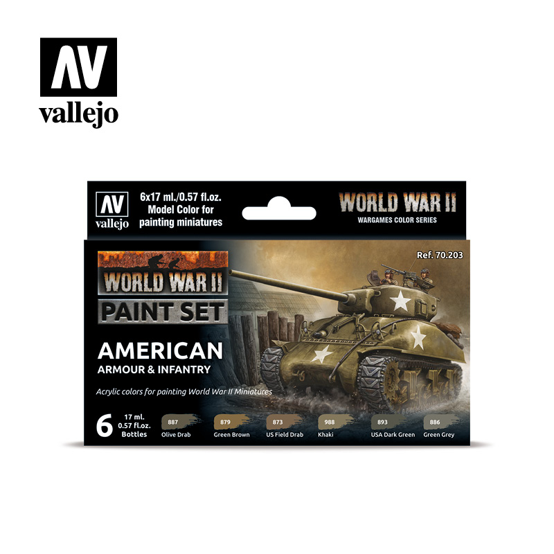 Model Color WWII American Armour & Infantry Paint Set 6 Vallejo 70.203 Farben