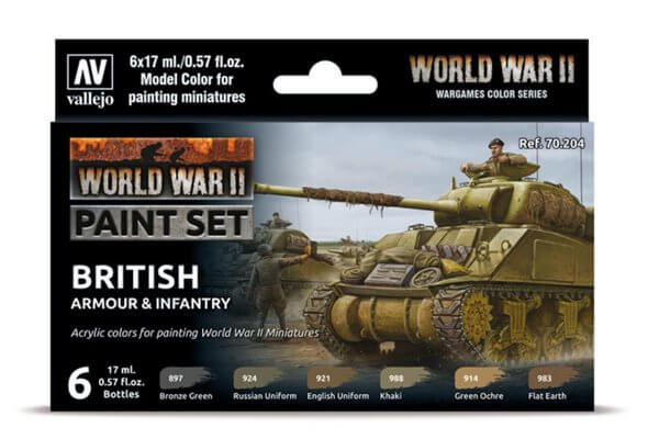 Model Color WWII British Armour & Infantry Paint Set 6 Vallejo 70.204 Farben