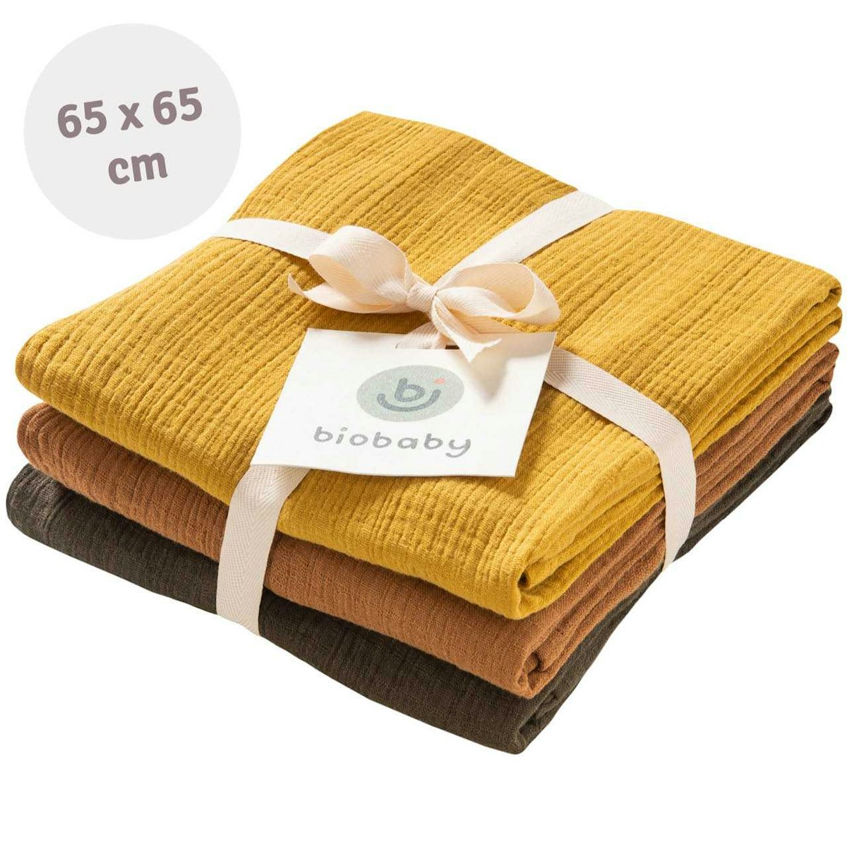 Mulltuch 3er Pack 65 x 65 cm khaki, karamell, senfgelb Mulltuch 3er Pack 65 x 65 cm khaki, karamell, senfgelb