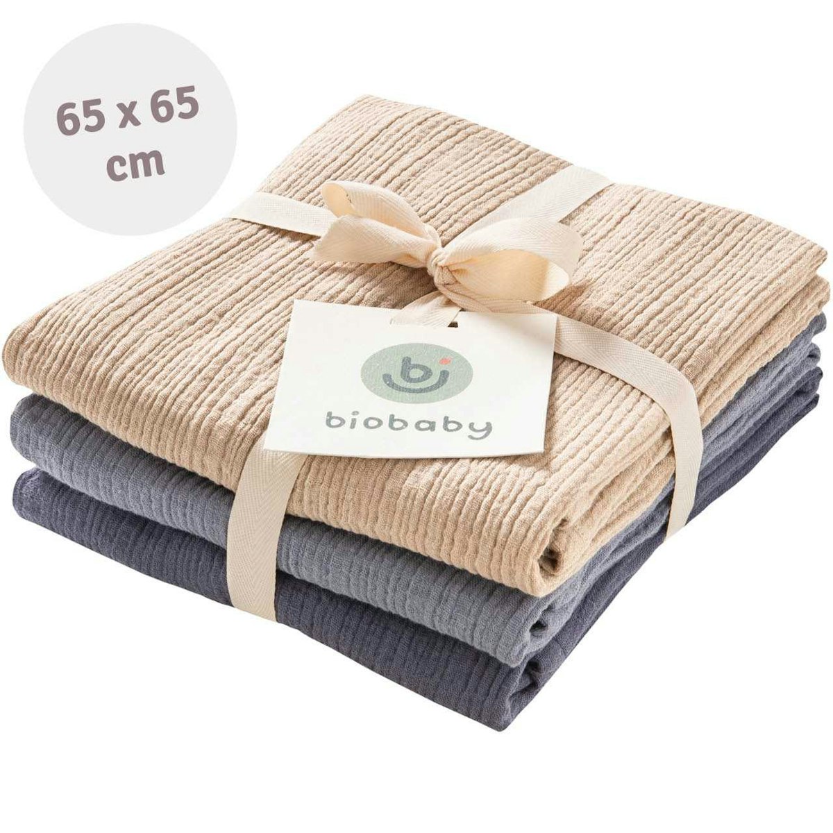 Mulltuch 3er Pack 65 x 65 cm rauchblau, taubenblau, sand Mulltuch 3er Pack 65 x 65 cm rauchblau, taubenblau, sand