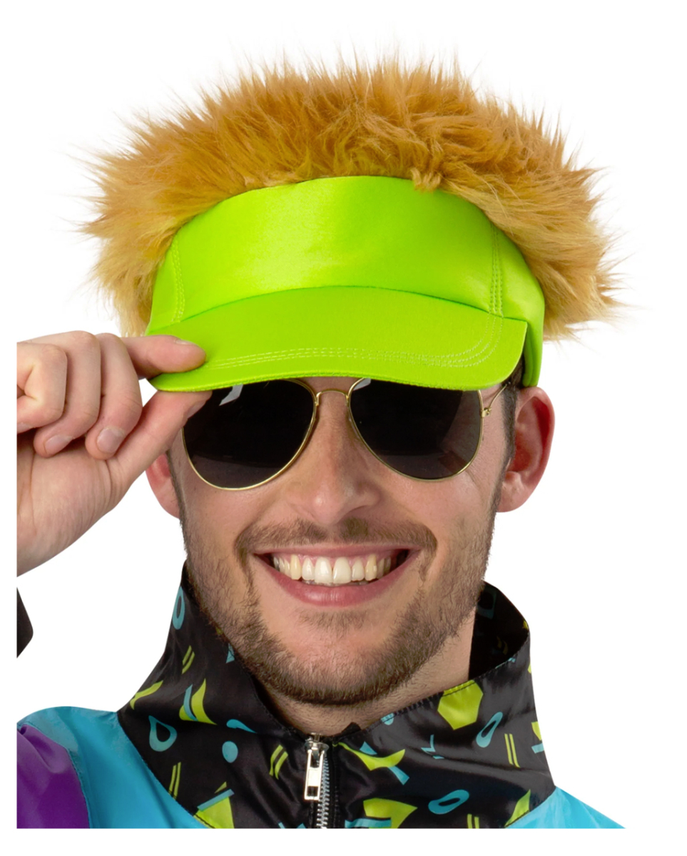 Neongrüner 80s Visierhut mit dunkelblondem Haar Neongrüner 80s Visierhut mit dunkelblondem Haar