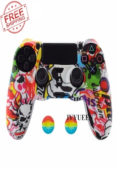 PS4 Controller Silicone Cover plus Thumb Grip Caps - Sticker Bomb