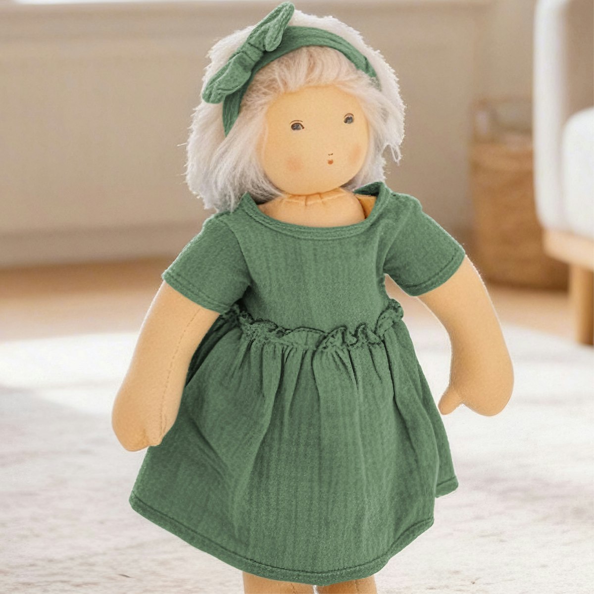 Puppenkleid 35-45cm mit Haarband grün, Bio-Baumwolle Puppenkleid 35-45cm mit Haarband grün, Bio-Baumwolle