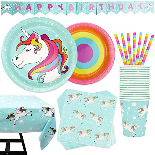 Scale Rank 102 Piece Rainbow Unicorn Party Supplies Set Including Banner Plates Cups Napkins Straws and Tablecloth Serves 20 von Scale Rank