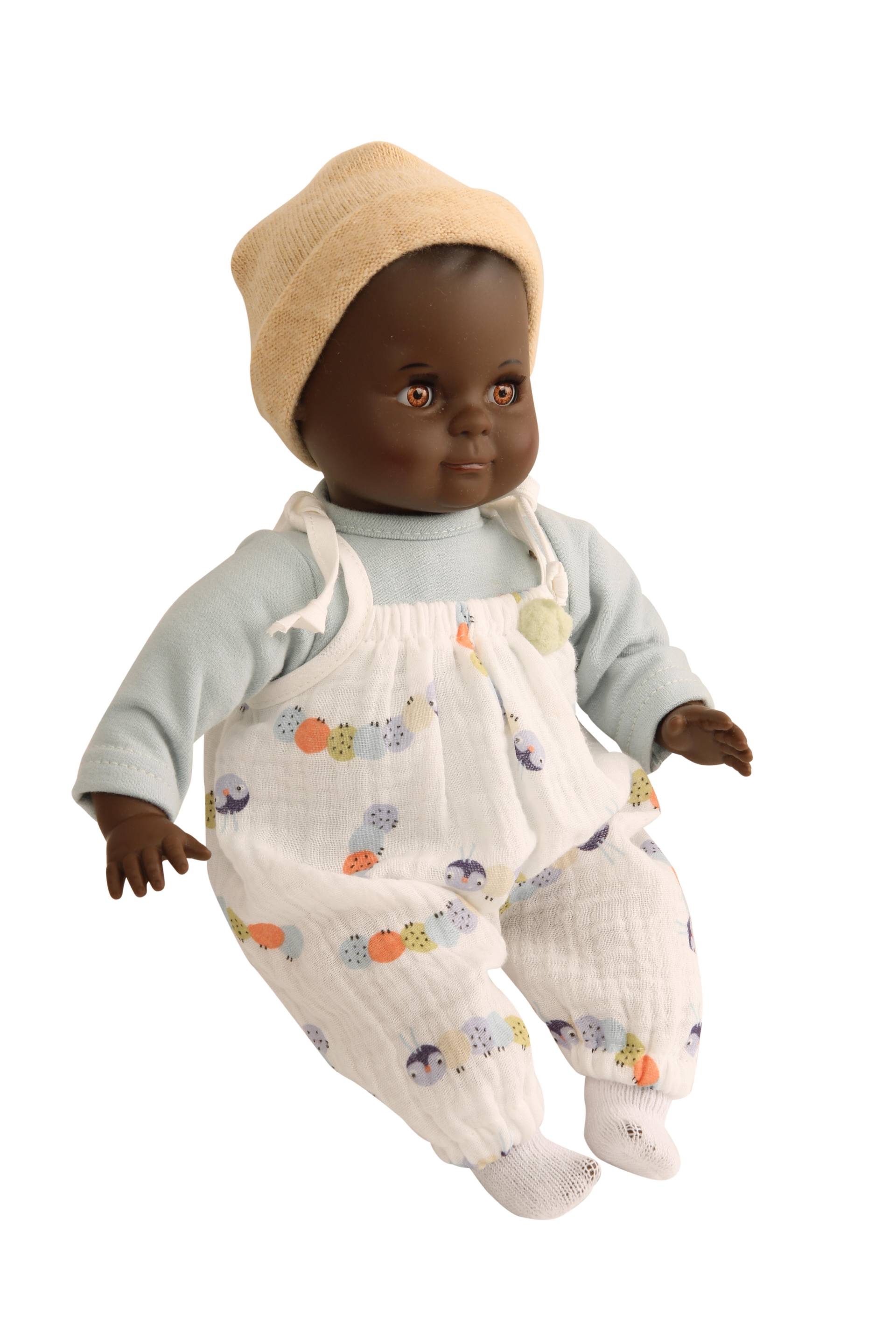 Schildkröt Puppen - Puppe Schlummerle 32 cm dunkel, Malhaar mit Mütze, Raupenmotiv Schildkröt Puppen - Puppe Schlummerle 32 cm dunkel, Malhaar mit Mütze, Raupenmotiv