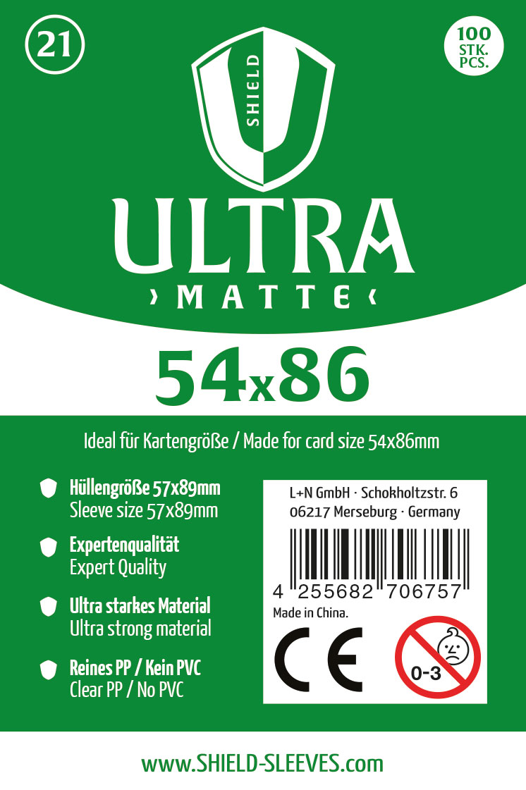 Shield Ultra Matte 21 - 100 Super Sleeves f�r Kartengr��e 54x86 mm Shield Ultra Matte 21 - 100 Super Sleeves f�r Kartengr��e 54x86 mm