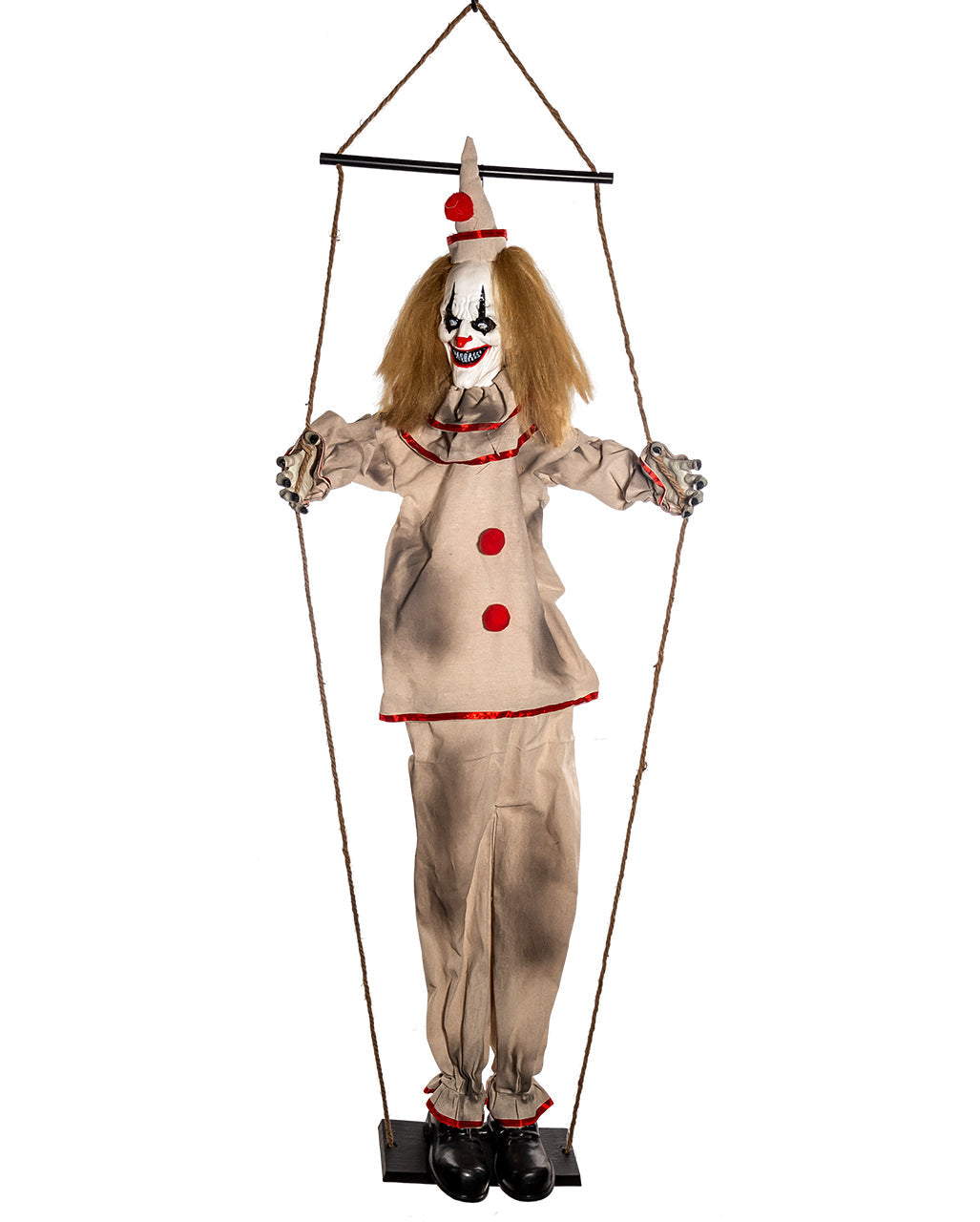 Sich schüttelnder Horrorclown auf Schaukel 140cm Sich schüttelnder Horrorclown auf Schaukel 140cm