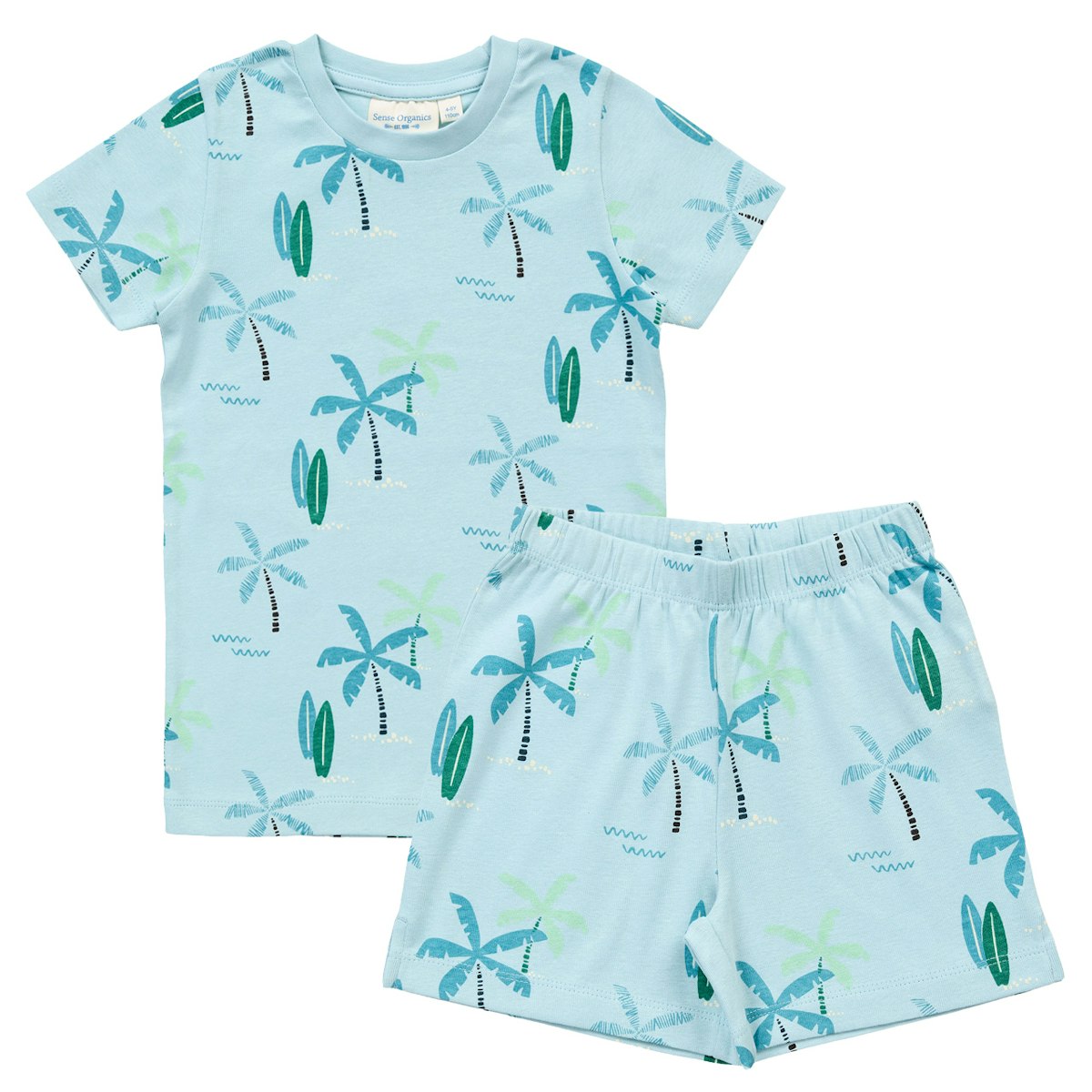 Sommer Kinder Schlafanzug kurz Palmen hellblau 110/116 Sommer Kinder Schlafanzug kurz Palmen hellblau 110/116